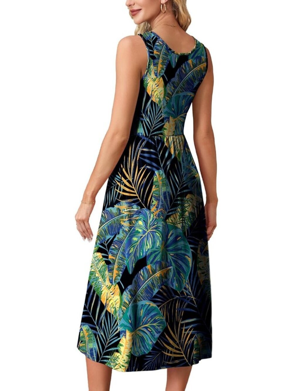 Women Blue Print Casual Midi Dress Sleeveless Pockets Beach Vacation Sundresses - Picture 5 of 5